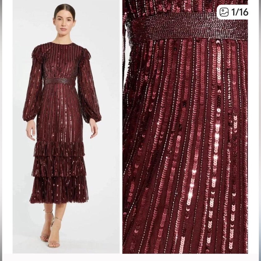 Mac Duggal Burgundy Sequin Long Sleeve Dress
